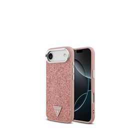 Guess iPhone 17 Air Pembe Metal Kamera Çerçeveli Üçgen Logolu Glitter Magsafe Uyumlu Telefon Kılıfı