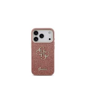 Guess iPhone 17 Pro 4G Glitter Pembe Büyük Metal Kamera Çerçeveli Magsafe Uyumlu Telefon Kılıfı