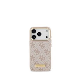Guess iPhone 17 Pro 4G Serisi Metal Plakalı Klasik Logolu Magsafe Uyumlu Pembe Telefon Kılıfı