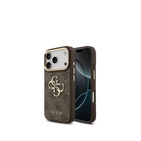 Guess iPhone 17 Pro Gold Metal Kamera Çerçeveli 4G Desenli Metal Büyük Logolu Kahverengi Telefon Kılıfı
