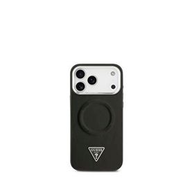 Guess iPhone 17 Pro Max Pu Deri Metal Kamera Çerçeveli Üçgen Logolu Magsafe Uyumlu Siyah Telefon Kılıfı