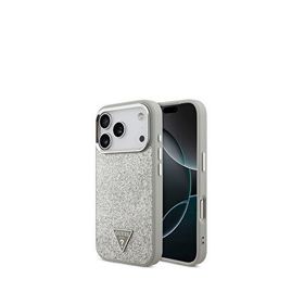 Guess iPhone 17 Pro Metal Kamera Çerçeveli Üçgen Logolu Glitter Magsafe Uyumlu Gri Telefon Kılıfı