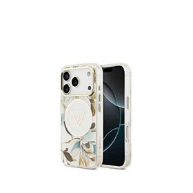 Guess iPhone 17 Pro Simli Çiçek Desenli Metal Kamera Çerçeveli Magsafe Uyumlu Beyaz Telefon Kılıfı