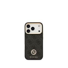 Guess iPhone 17 Pro Siyah Gold Metal Kamera Çerçeveli Taşlı Üçgen Logolu 4G Desenli Magsafe Uyumlu Telefon Kılıfı