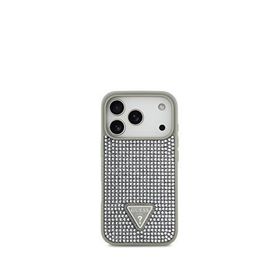 Guess iPhone 17 Pro Taşlı Üçgen Logolu Gümüş Gri Telefon Kılıfı