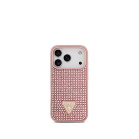 Guess iPhone 17 Pro Taşlı Üçgen Logolu Pembe Telefon Kılıfı
