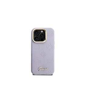 Guess Peony iPhone 15 Pro Max Logolu Kamera Standlı Deri Magsafe Uyumlu Mor Telefon Kılıfı