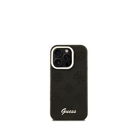 Guess Peony iPhone 15 Pro Pu Deri Logolu Kamera Standlı Magsafe Uyumlu Siyah Telefon Kılıfı