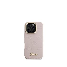 Guess Peony iPhone 16 Pro Max Logolu Kamera Standlı Deri Magsafe Uyumlu Pembe Telefon Kılıfı