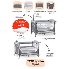Gulz Atlas Plus 70x110 cm Dark Grey Anne Yanı Sallanır Cibinlikli Pamuk Yataklı Dönenceli Oyun Parkı Bebek Beşik