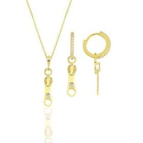 Gümüş Altın Yaldızlı Zirkon Taşlı Fermuar Kolye ve Küpe İkili Set