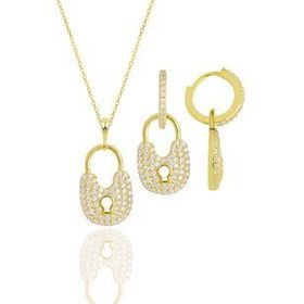 Gümüş Altın Yaldızlı Zirkon Taşlı Kilit Kolye ve Küpe İkili Set