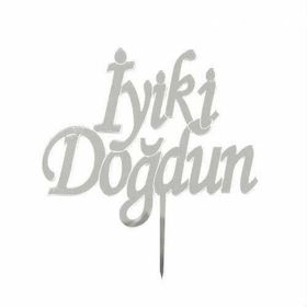 Gümüş Gri İyi Ki Doğdun Cam Pleksi Doğum Günü Pasta Üzeri Süsü
