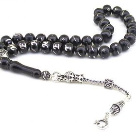 Gümüş Hediye Al 925 Ayar Gümüş Püsküllü Küre Kesim İsim Yazılı Siyah Erzurum Oltu Taşı Tesbih