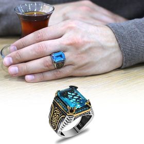 Gümüş Hediye Al Baget Kesim Aqua Zirkon Taşlı Yanları Gotik Süslemeli 925 Ayar Gümüş Erkek Yüzük