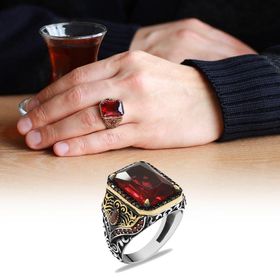 Gümüş Hediye Al Faset Kesim Kırmızı Zirkon Taşlı Dörtgen Tasarım 925 Ayar Gmüş Erkek Yüzük