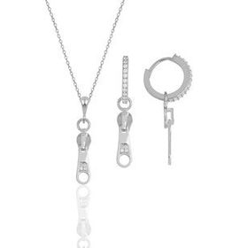 Gümüş İkili Set Rodyumlu Zirkon Taşlı Fermuar Kolye ve Küpe
