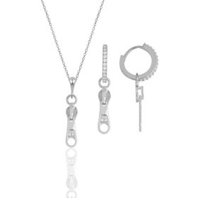 Gümüş İkili Set Rodyumlu Zirkon Taşlı Fermuar Kolye ve Küpe