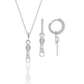Gümüş İkili Set Rodyumlu Zirkon Taşlı Fermuar Kolye ve Küpe