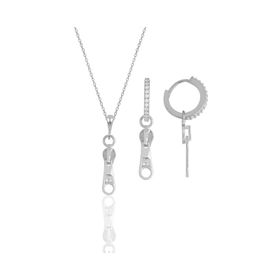 Gümüş İkili Set Rodyumlu Zirkon Taşlı Fermuar Kolye ve Küpe