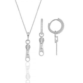Gümüş İkili Set Rodyumlu Zirkon Taşlı Fermuar Kolye ve Küpe