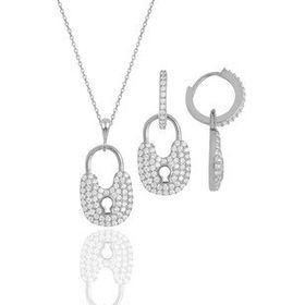 Gümüş İkili Set Rodyumlu Zirkon Taşlı Kilit Kolye ve Küpe