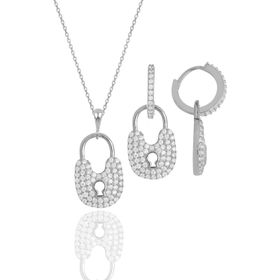 Gümüş İkili Set Rodyumlu Zirkon Taşlı Kilit Kolye ve Küpe