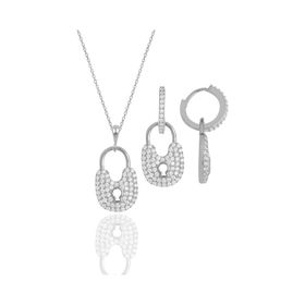 Gümüş İkili Set Rodyumlu Zirkon Taşlı Kilit Kolye ve Küpe