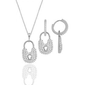 Gümüş İkili Set Rodyumlu Zirkon Taşlı Kilit Kolye ve Küpe