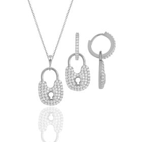 Gümüş İkili Set Rodyumlu Zirkon Taşlı Kilit Kolye ve Küpe