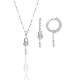 Gümüş İkili Set Rodyumlu Zirkon Taşlı Ok Kolye ve Küpe