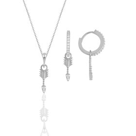 Gümüş İkili Set Rodyumlu Zirkon Taşlı Ok Kolye ve Küpe