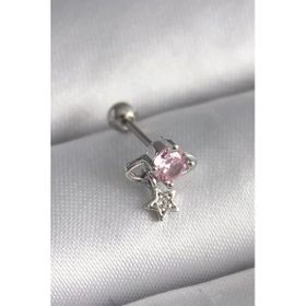 Gümüş Renk Pembe Zirkon Taşlı Sallantı Yıldız Detay Tragus Piercing