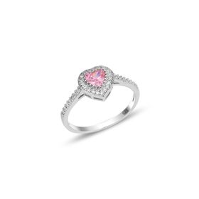 Gümüş Rodyumlu Pırlanta Modeli Pembe Taşlı Kalp Yüzük