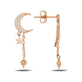Gümüş Rose Zirkon Taşlı Ay Yıldız Küpe