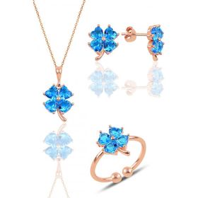 Gümüş Üçlü Set Rose Akuamarin Taşlı Yonca Kolye Küpe ve Yüzük