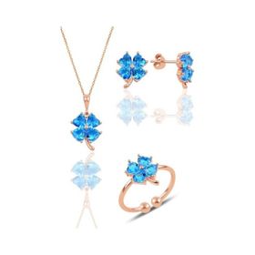Gümüş Üçlü Set Rose Akuamarin Taşlı Yonca Kolye Küpe ve Yüzük