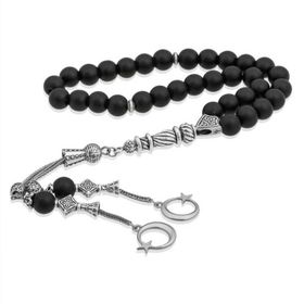 Gumush BD1320160 Doğaltaş Metal Püüsküllü Oniks Mat Taşlı Gümüş Tesbih
