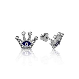 Gumush EA1160113 Gümüş Nazarlı Kraliçe Tacı Çivili Küpe