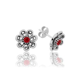 Gumush EA1160159 Gümüş Kırmızı Telkari Çiçek Çivili Küpe