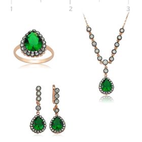 Gumush Elmas Model Yeşil Damla Kadın Gümüş Set