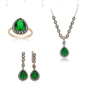 Gumush Elmas Model Yeşil Damla Kadın Gümüş Set