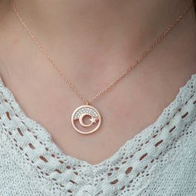 Gumush gh_T5117 Kadın Rose Gümüş Ay Yıldız Kolye