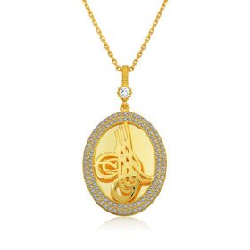 Gumush Gold Tuğralı Oval Bayan Gümüş Kolye