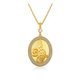 Gumush Gold Tuğralı Oval Bayan Gümüş Kolye