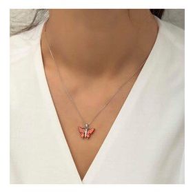 Gumush Kırmızı Kaplangözü Taşlı Kelebek Gümüş Kolye