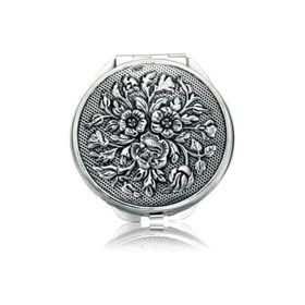 Gumush KR2550059 Gül Motifli Kapaklı Yuvarlak Gümüş El Aynası