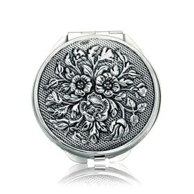 Gumush KR2550059 Gül Motifli Kapaklı Yuvarlak Gümüş El Aynası