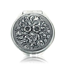 Gumush KR2550059 Gül Motifli Kapaklı Yuvarlak Gümüş El Aynası