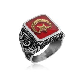 Gumush MR0580011 Gümüş Kırmızı Ay Yıldız Erkek Yüzük